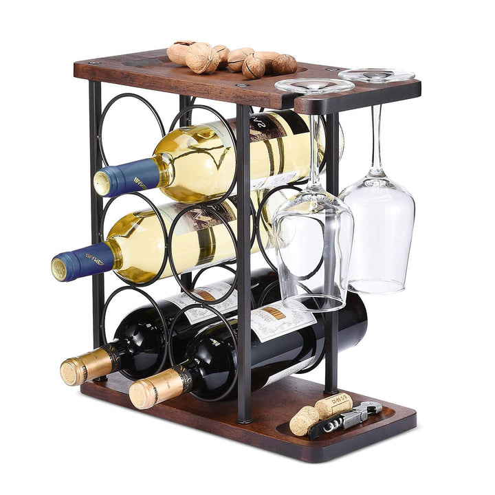 Weinregal mit Glashalter, Tisch-Weinhalter mit Tablett, Freistehendes Weinregal aus Holz, perfekt fü