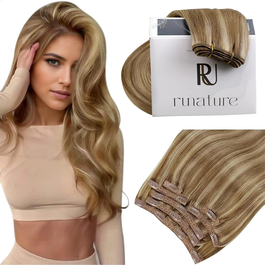 RUNATURE Blond Clip Extensions Echthaar Dunkelblond mit Goldblond Glatt Haar Clip in Haarextensions