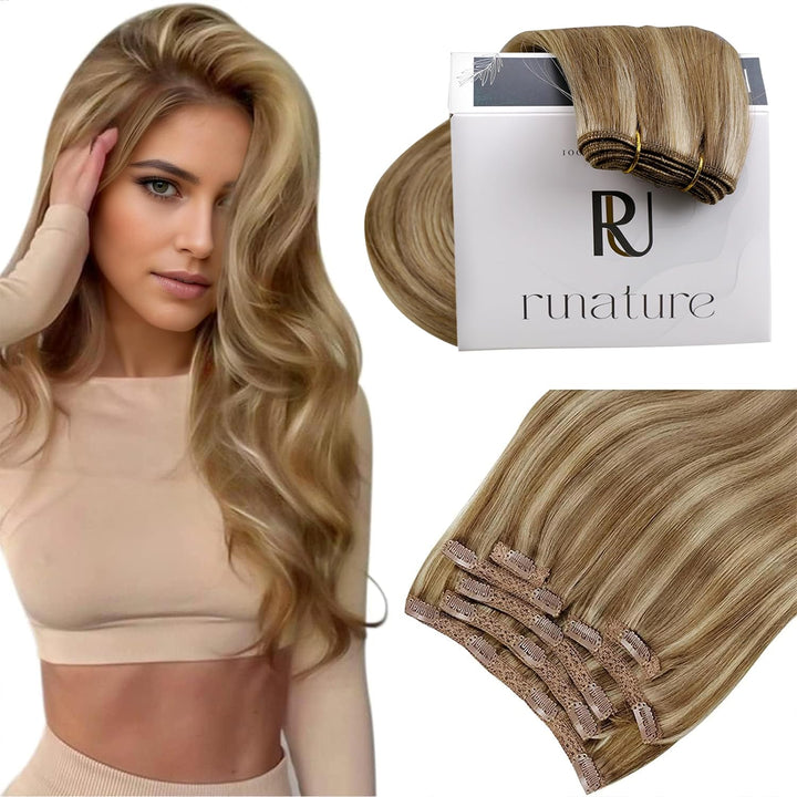 RUNATURE Blond Clip Extensions Echthaar Dunkelblond mit Goldblond Glatt Haar Clip in Haarextensions