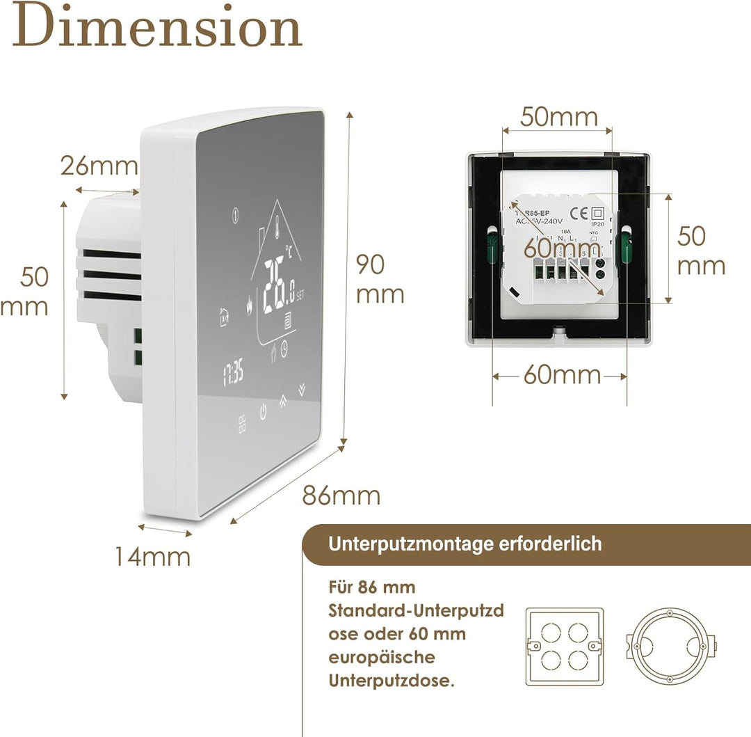 Beok Spiegelthermostat Heizungsthermostat Programmierbar Raumthermostat Digital Wandthermostat für W