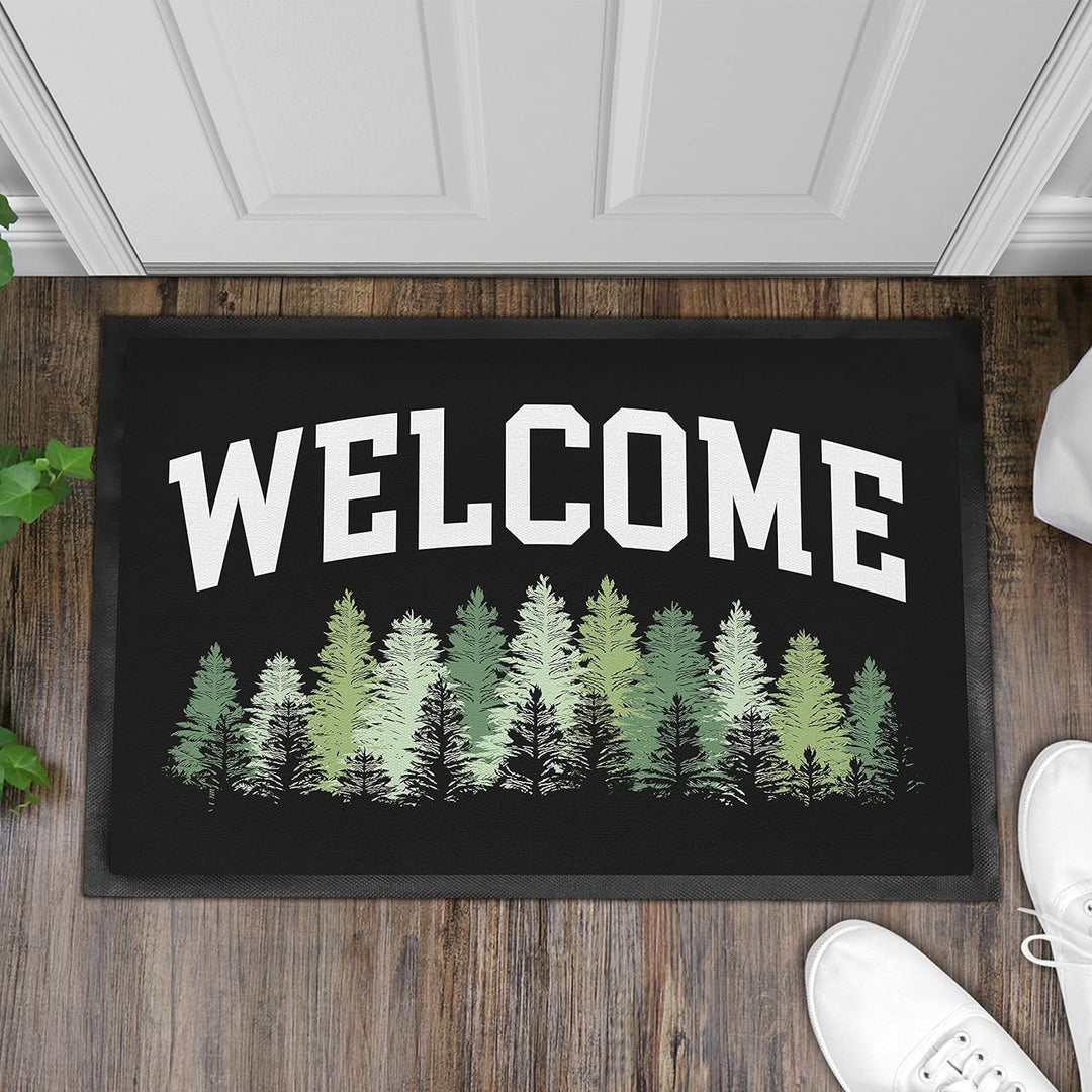 Trendation - Welcome Fussmatte Wald Bäume Muster Willkommen Geschenk Aussen Innenbereich 60x40 cm Sc