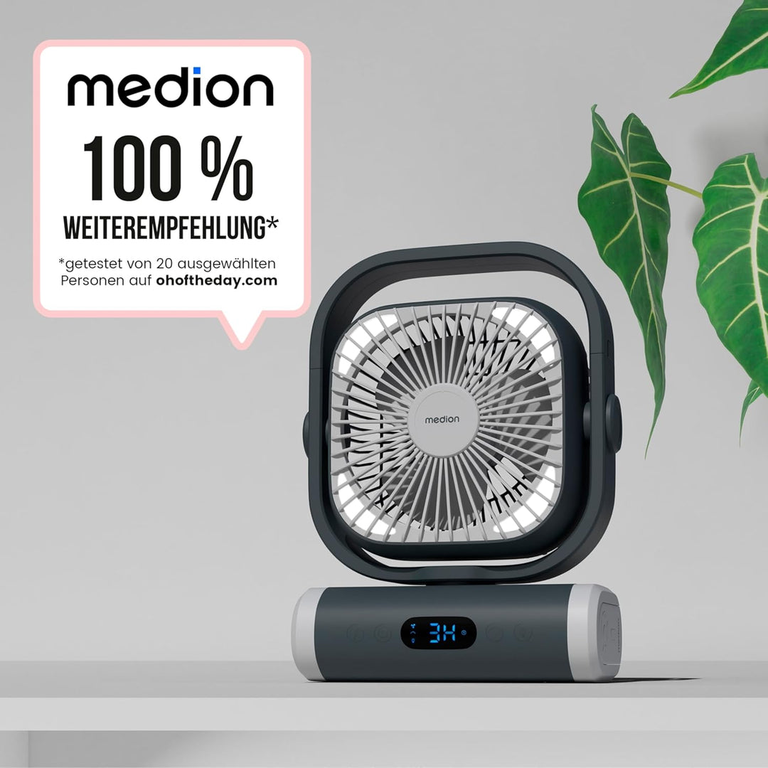 MEDION Ventilator E10 TF (Akku, Mini Ventilator, USB Ventilator klein mit Licht, Fernbedienung, 5 St