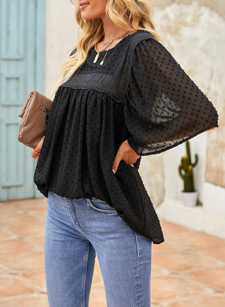 Dokotoo Damen Bluse Elegant Spitzen Chiffonbluse Rundhals Lose Tunika Hemd Frühling Sommer Boho Ober