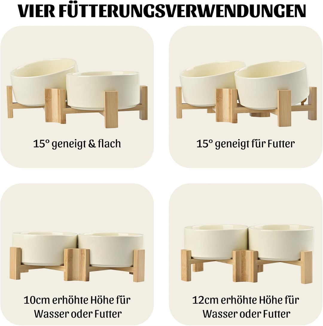 SPUNKYJUNKY 15° Kippbare Keramik Hundenapf mit Holzständer Futter und Wassernapf rutschfest für Hund
