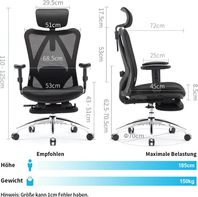 SIHOO Ergonomischer Büro-Liegestuhl mit Fussstütze, Computer-Schreibtischstuhl, verstellbaren Kopfst