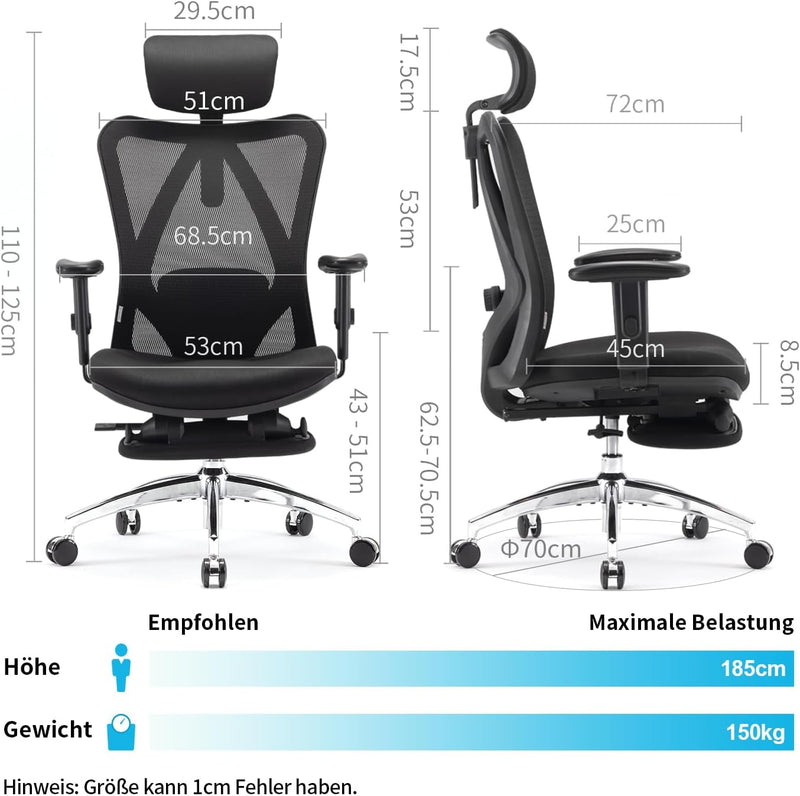 SIHOO Ergonomischer Büro-Liegestuhl mit Fussstütze, Computer-Schreibtischstuhl, verstellbaren Kopfst