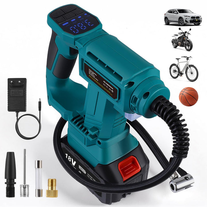 Tragbarer Luftkompressor für Batterien 18 V, max. 11 bar, automatischer Aufblaser mit digitalem Mano