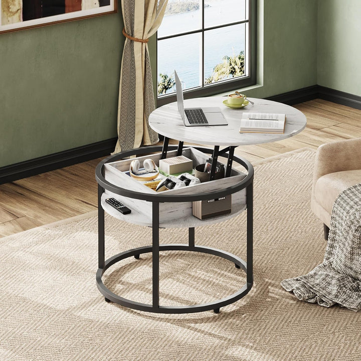 WLIVE Couchtisch Rund mit Hebeplatte, Wohnzimmertisch Höhenverstellbar mit Stauraum, 60 x 60 x 50 cm