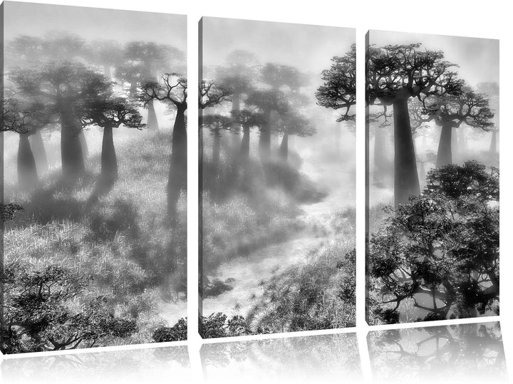 Pixxprint Mysteriöser Wald im Nebel als Leinwandbild/Grösse: 3 Teilig (120x80) cm/Wandbild/Kunstdruc