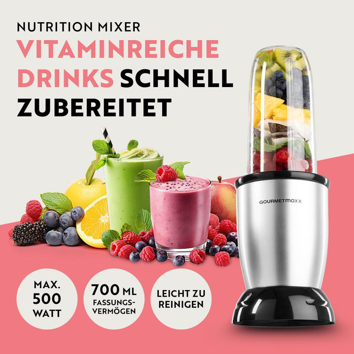 GOURMETmaxx Nutrition Mixer | Smoothie Maker - 4-tlg. | Standmixer mit grossem 700-ml-Mixbecher & To