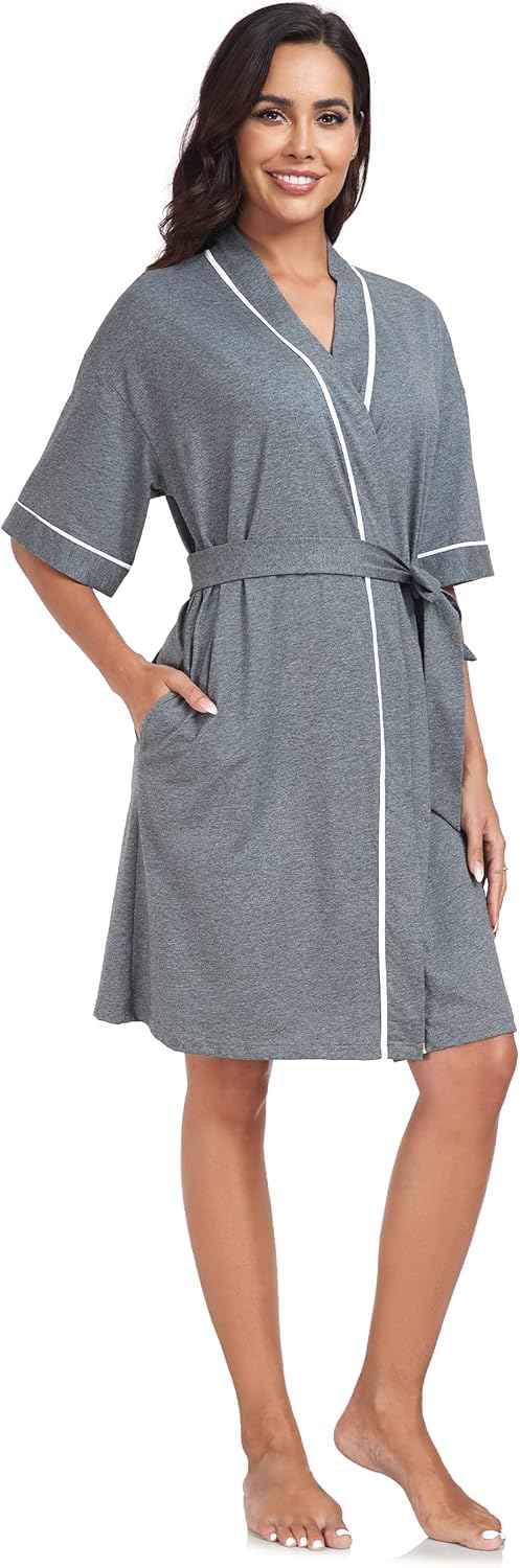 COLORFULLEAF 100% Baumwolle Bademäntel Damen Leicht Morgenmantel Kurz Sauna Kimono Weiche Frauen Nac