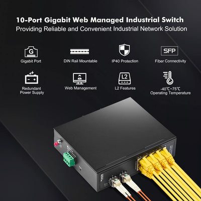 MokerLink 8 Port Gigabit Managed Industrial DIN-Rail Ethernet Switch with 2 SFP Ports, 20Gbps Switch