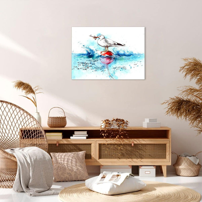 Bilder auf Leinwand Wasser Fische Möwe hungrig Leinwandbild 70x50cm Wandbilder Dekoration Wohnzimmer