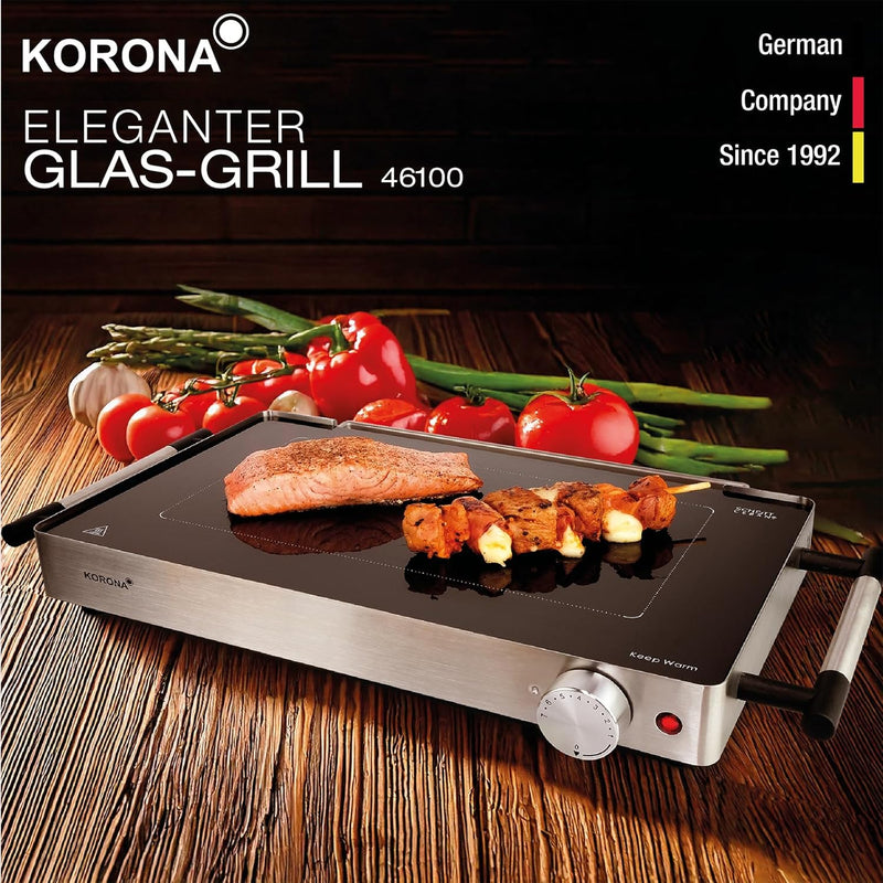 Korona 46100 Glas-Tischgrill | 2 in 1 Tischgrill und Warmhalteplatte | 800 Watt | Edelstahlgehäuse |