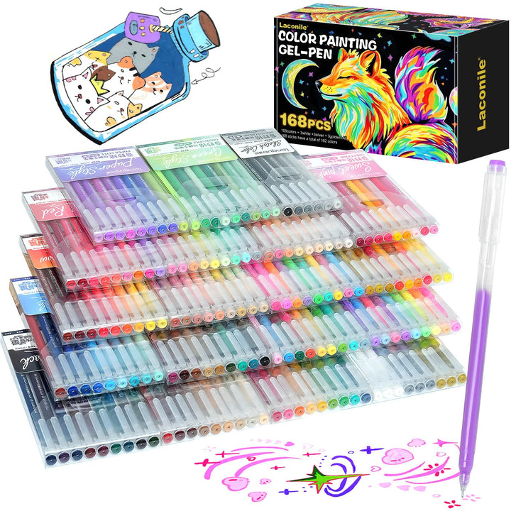 Laconile 168 Farben Glitzerstifte Gel – 0,6mm Feine Spitze Gel Pens Set & Gelstifte Set – Glitzer Ge