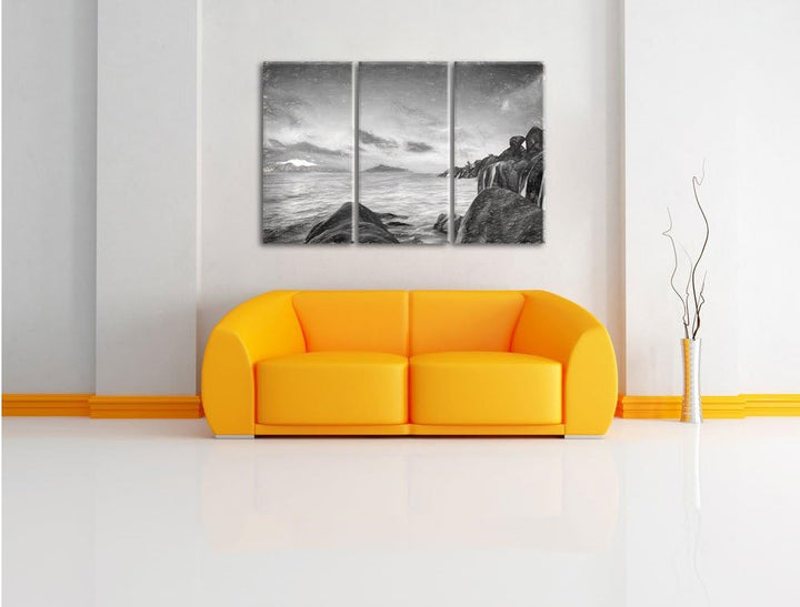 Pixxprint Sonnenuntergang Seychellen Kunst Kohle Effekt 3-Teiler Leinwandbild 120x80 Bild auf Leinwa