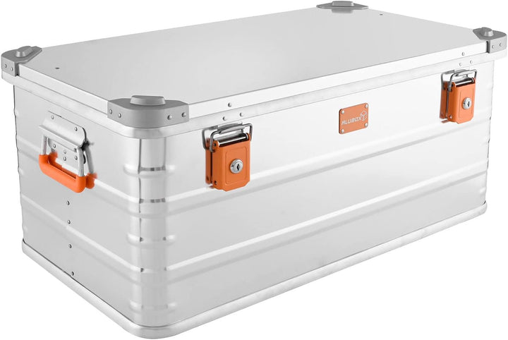 ALUBOX Alukiste abschliessbar E92 - Premium Aluminium Lagerbox 92 Liter - Deckel mit Aluminium Druck