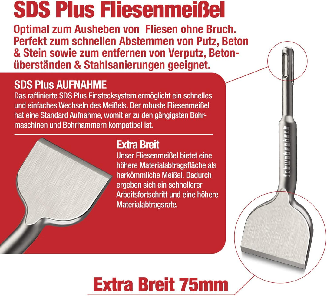 SCHWABENBACH® Fliesenmeissel SDS Plus 75 x 165mm - Abgewinkelt 30° - Ideal zum Abtragen von Verputz