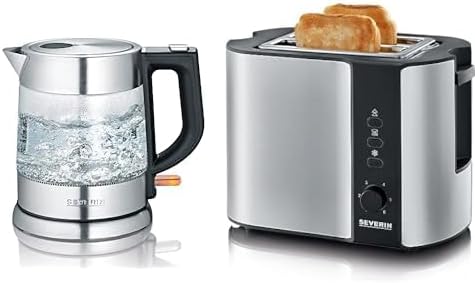 SEVERIN WK 3468 Glas-Wasserkocher (ca. 2.200 W, 1 L) edelstahl/schwarz & Automatik-Toaster, Inkl. Br