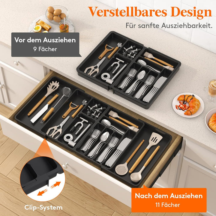 Lifewit Grosse Besteckkasten für Schubladen, Einstellbar Breite 54,1-91,4 cm, Tiefe 43 cm, 9-11 Fäch