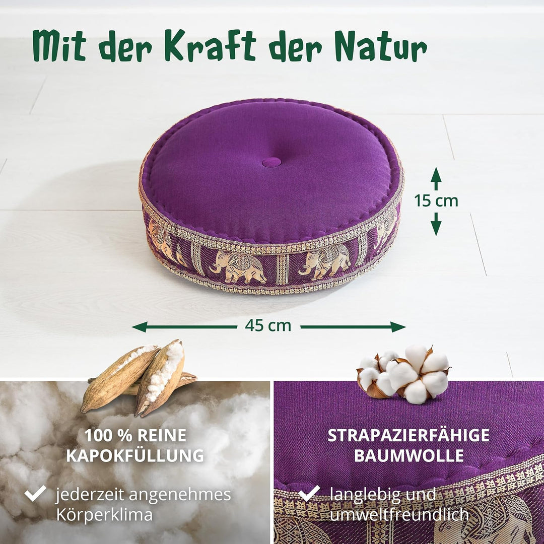 livasia Meditationskissen mit Thaiseide - Ø 45x15cm - Yogakissen mit Kapok, Pouf, Bodenkissen für Yo