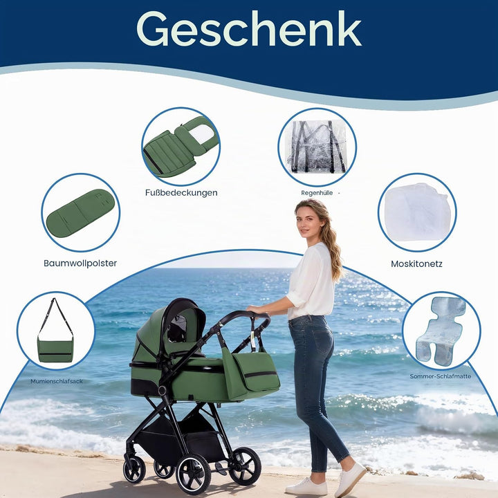 Kinderwagen 3 in 1, Reisesystem-Korb ist faltbar,Blaugrün 10Blau Grün, 10Blau Grün