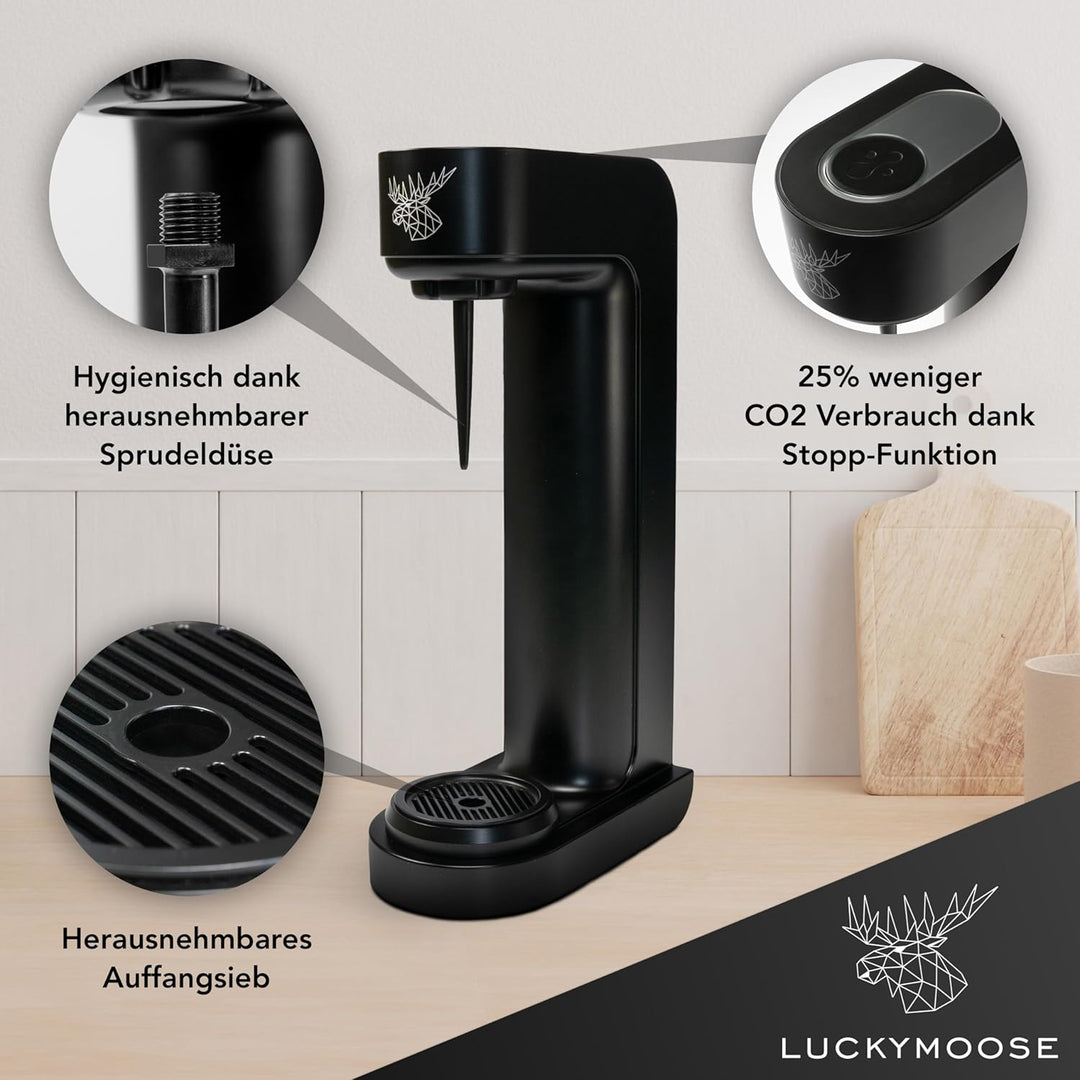 Luckymoose® Infinity Wassersprudler mit 2x 1,25L Edelstahlflaschen - Spart bis zu 25% CO2 dank Stopp