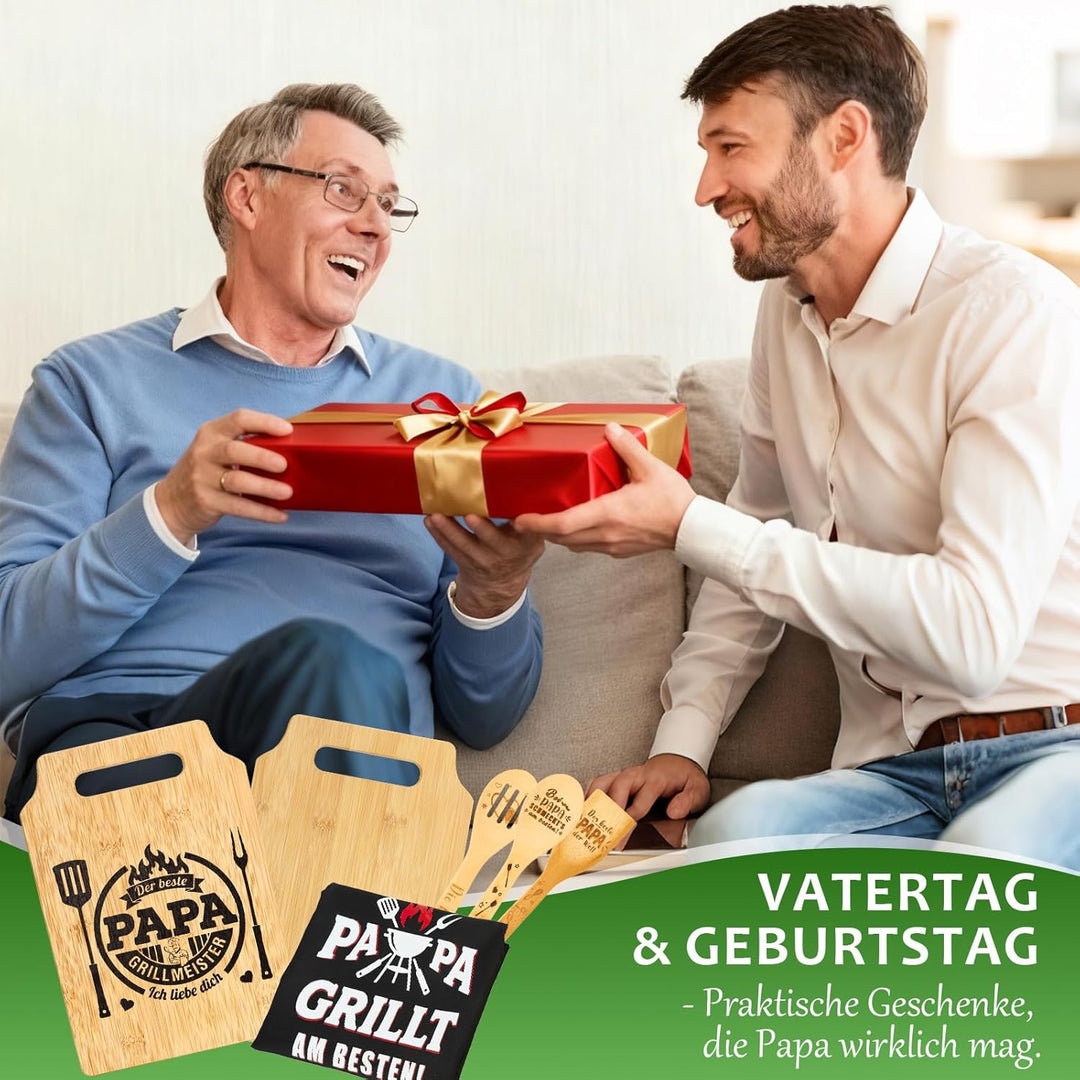 Papa Geschenk Set - Graviertes Bambus Schneidebrett Mit Personalisiertes Schürze und 3 Holzlöffel, B