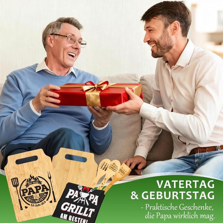 Papa Geschenk Set - Graviertes Bambus Schneidebrett Mit Personalisiertes Schürze und 3 Holzlöffel, B