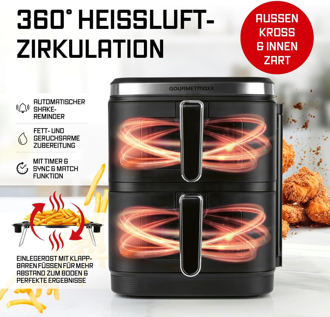 GOURMETmaxx FryUp Vertikale Doppelkammer Heissluftfritteuse XXL | Airfryer mit Sichtfenstern & Klapp