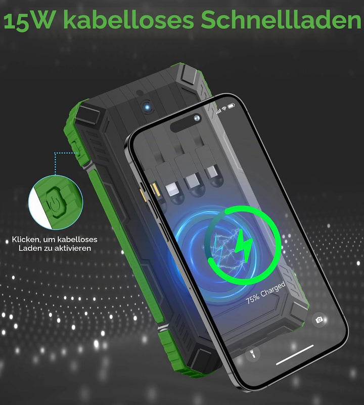 56800mAh Solar Powerbank, Wireless Power Bank gross mit 4 Kabeln, 30W PD Schnellladefunktion, 6 Ausg