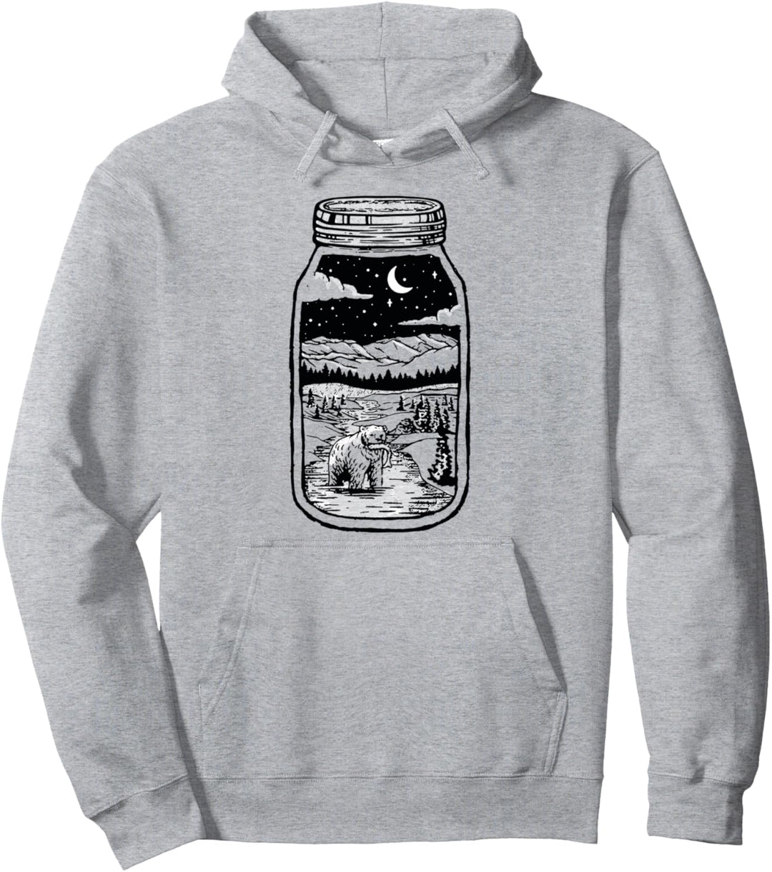 Moonshine Lover Jar Design - Bear, Moon & Mountains Pullover Hoodie
