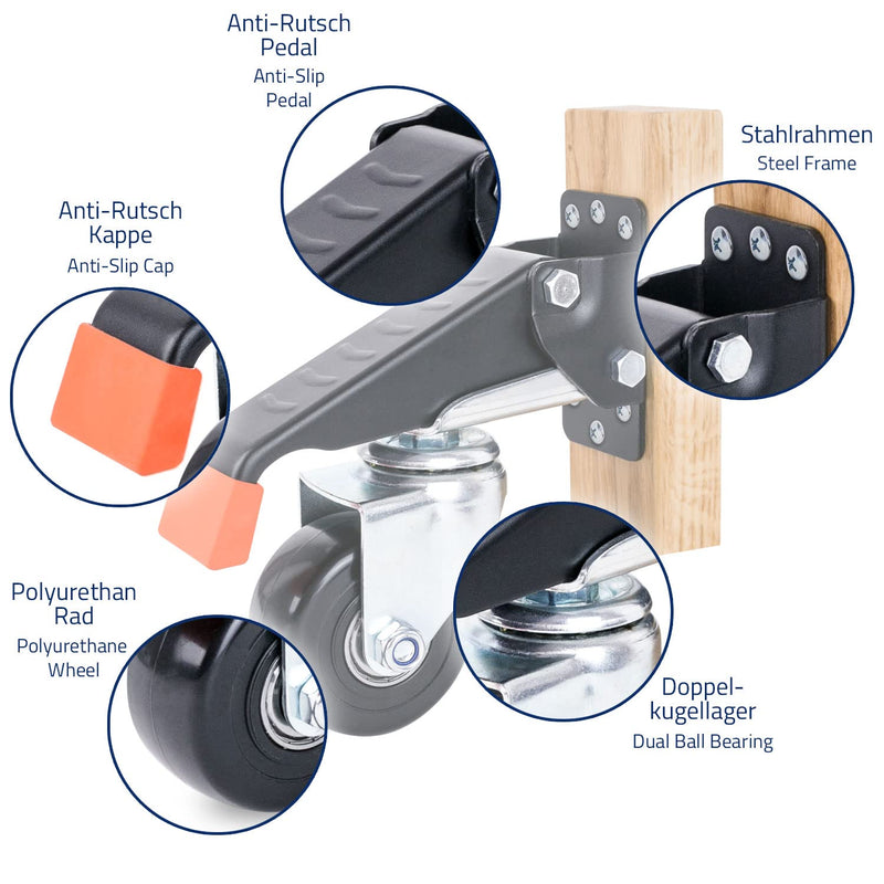 HMF 6750 Schwerlastrollen absenkbar für Werkbank | 4 Stück | 65 mm | bis 300 kg | Schwarz