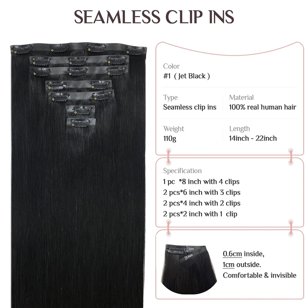 MAXITA Seamless Clip in Extensions Echthaar, 45cm 18 Zoll 110g 7 Stück Tief Schwarz PU Echthaar Exte