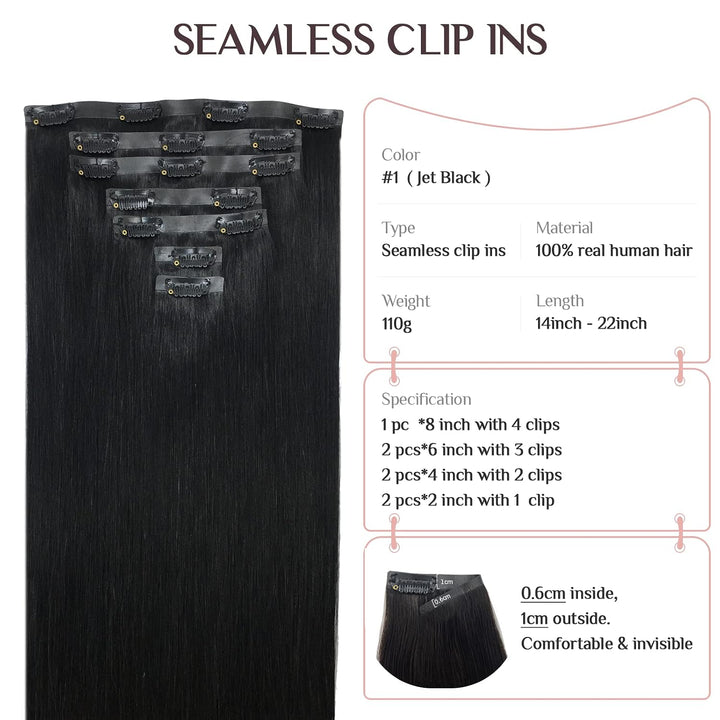 MAXITA Seamless Clip in Extensions Echthaar, 45cm 18 Zoll 110g 7 Stück Tief Schwarz PU Echthaar Exte