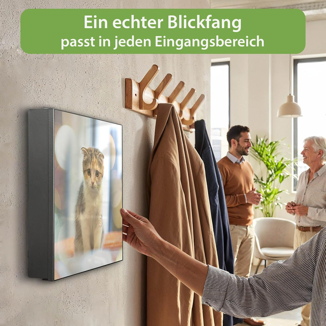 banjado® Grosser Schlüsselkasten Glas/Schlüsselbox 30cm x 30cm mit 50 Haken - Motiv Kleine Katze/Sch