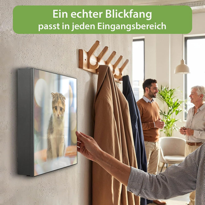 banjado® Grosser Schlüsselkasten Glas/Schlüsselbox 30cm x 30cm mit 50 Haken - Motiv Kleine Katze/Sch