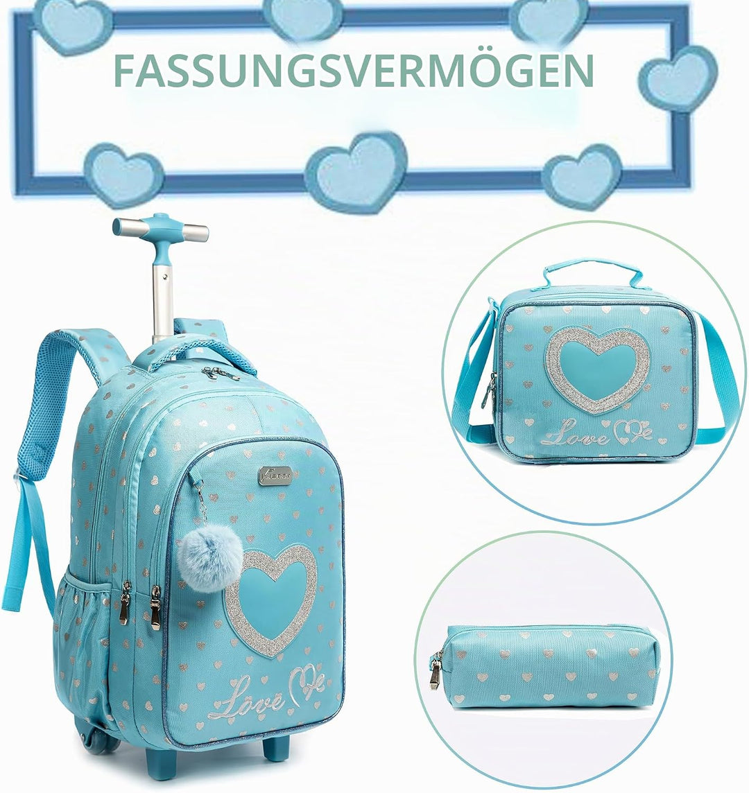 HTgroce Schulranzen mit Rollen für Mädchen, Kinderrucksack mit Rollen Trolley Schulrucksack für Mädc