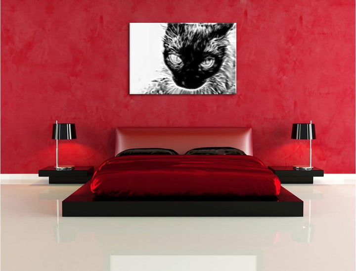 Pixxprint Schwarze Katze, Blaue Augen, als Leinwandbild/Grösse: 100x70 / Wandbild/Kunstdruck/fertig