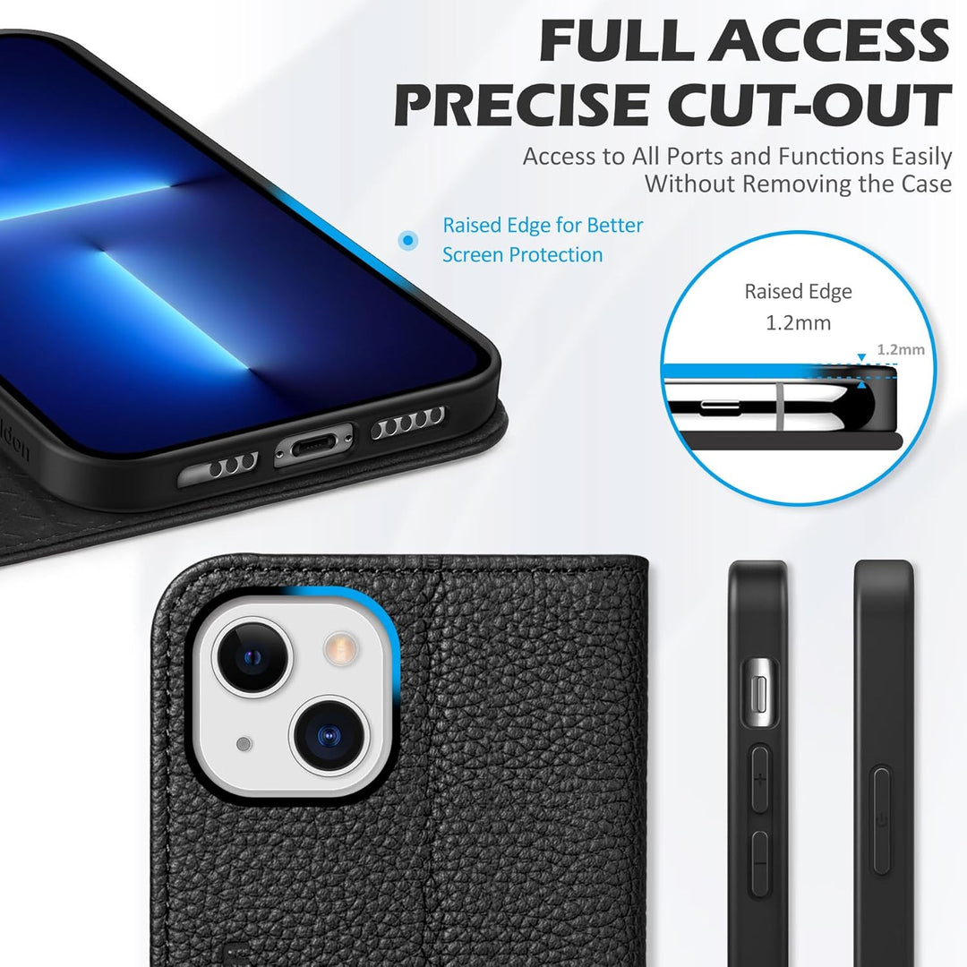 SHIELDON Hülle für iPhone 13 Handyhülle [Litschi Echtleder] [Verdicht TPU] [Kartenfach] [Magnet] [St