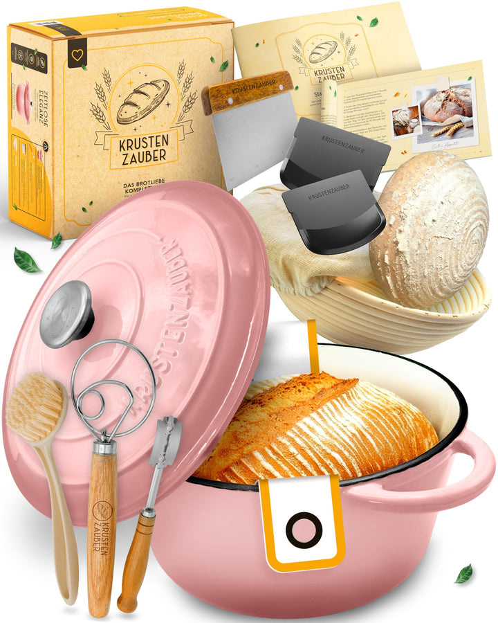 Gusseisen Topf Brot Backen emailliert im XXL Set - Brotbackform mit Deckel inkl Gärkorb, Schneebesen