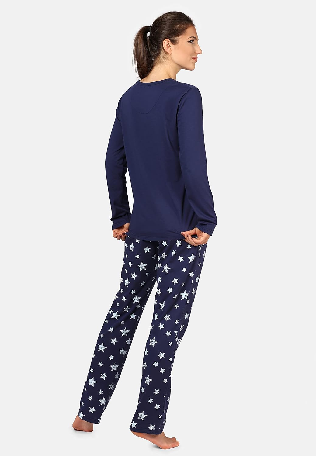 Bellivalini Damen Schlafanzug lang Pyjama Langarm Lange Hose Muster Sterne BLV50-167 S Marineblau Ma