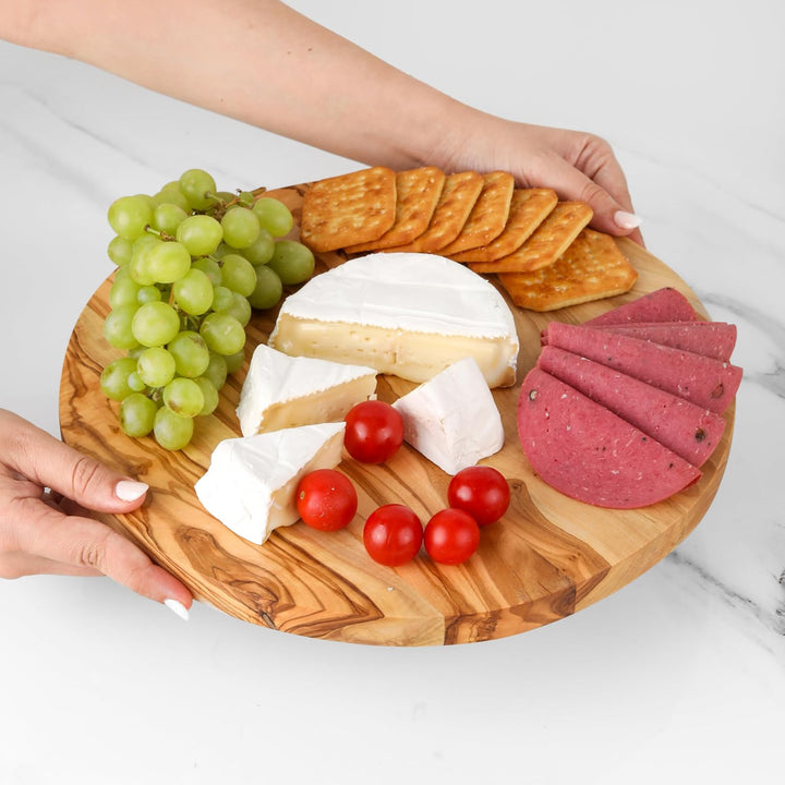 Handgefertigtes rundes Paddelbrett aus Olivenholz – gestreiftes Servierbrett für Käse, Brot und Vors