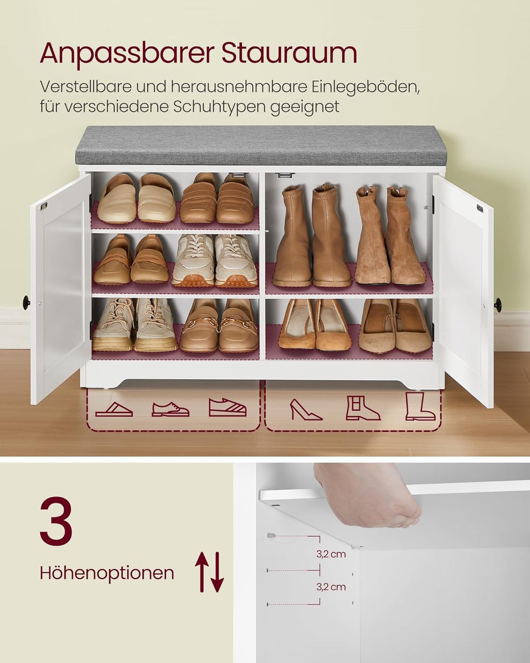 VASAGLE Schuhbank, 3 Ebenen, Sitzbank mit Stauraum, Türen und Sitzkissen, Schuhregal mit höhenverste