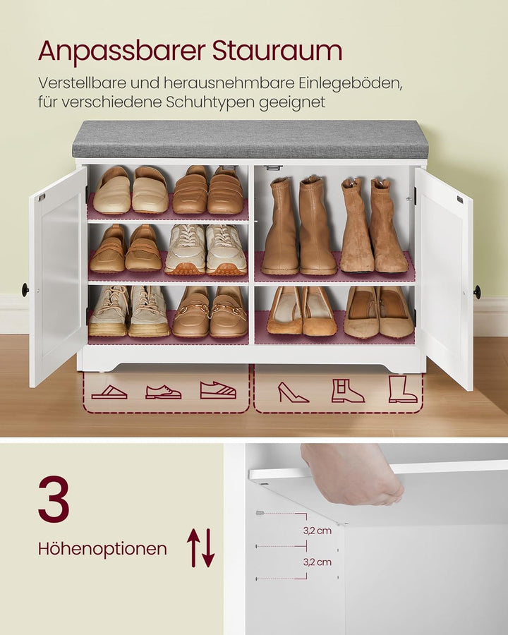 VASAGLE Schuhbank, 3 Ebenen, Sitzbank mit Stauraum, Türen und Sitzkissen, Schuhregal mit höhenverste