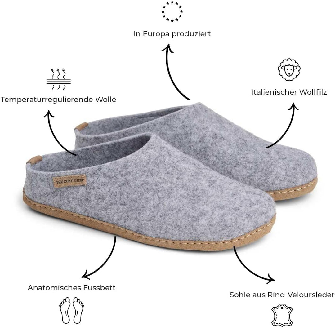 THE COZY SHEEP Filzpantoffeln mit Ledersohle | Praktische Damen &amp; Herren Hausschuhe Sommer und Winte