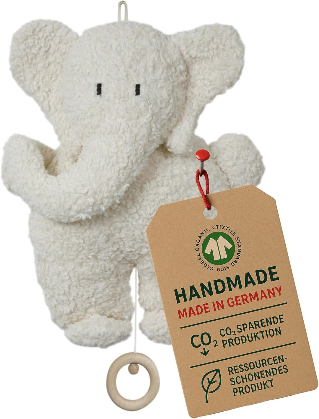 Efie Spieluhr Elefant aus Bio-Baumwolle (KBA), GOTS-Zertifiziert, waschbar, handgefertigt, Made in G