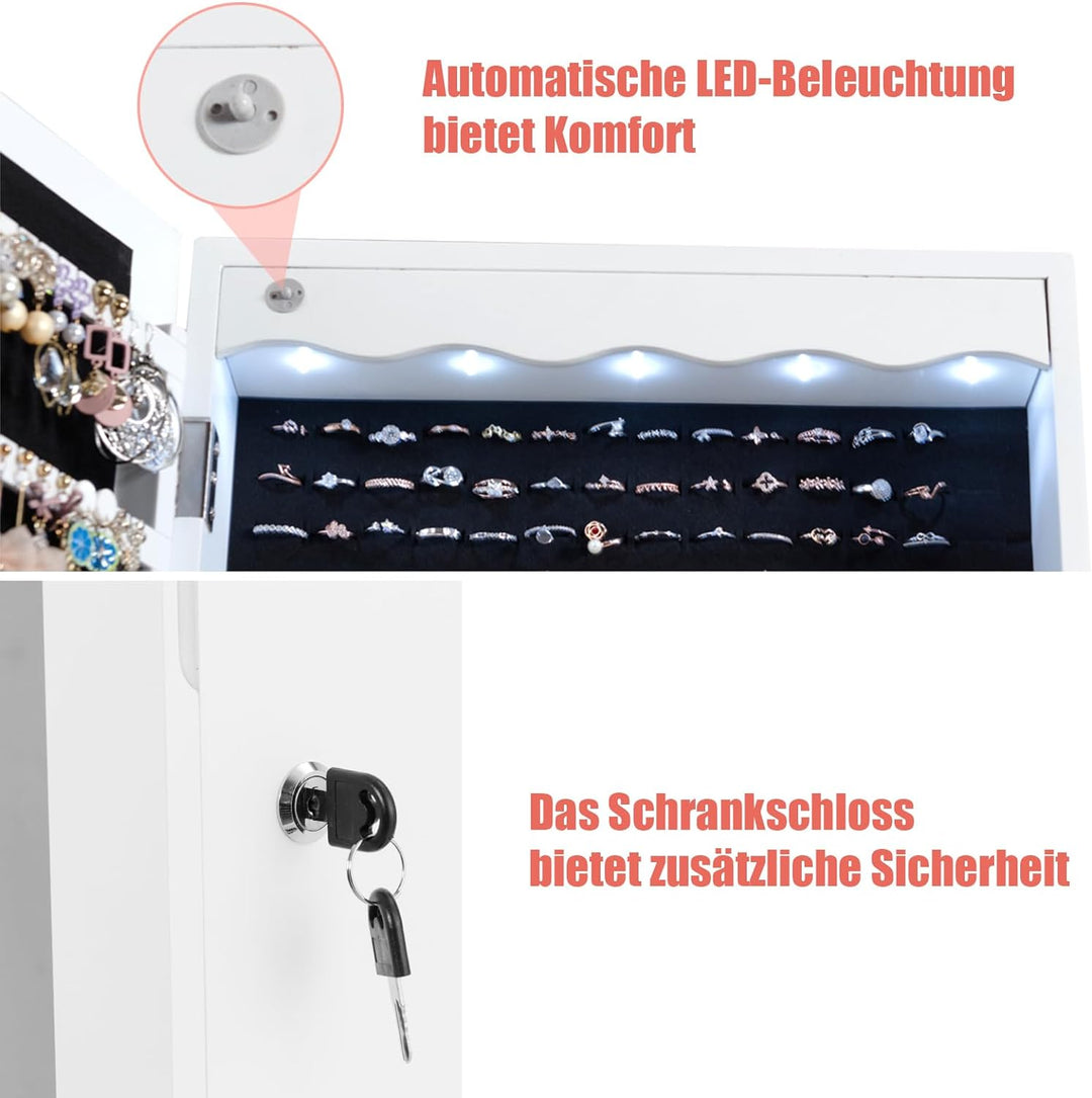 GOPLUS Schmuckschrank mit Schloss & 2 Schlüsseln, Schmuckregal mit LED-Beleuchtung, Spiegelschrank m