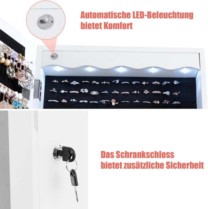 GOPLUS Schmuckschrank mit Schloss & 2 Schlüsseln, Schmuckregal mit LED-Beleuchtung, Spiegelschrank m