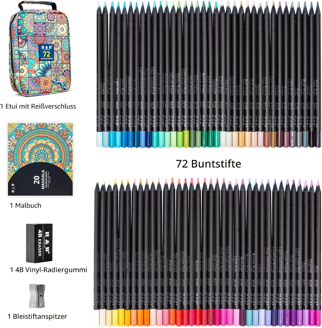 H & B Schwarze Ausgabe Buntstifte mit Malbuch für Erwachsene,72 Buntstifte Set,Malstifte für Erwachs